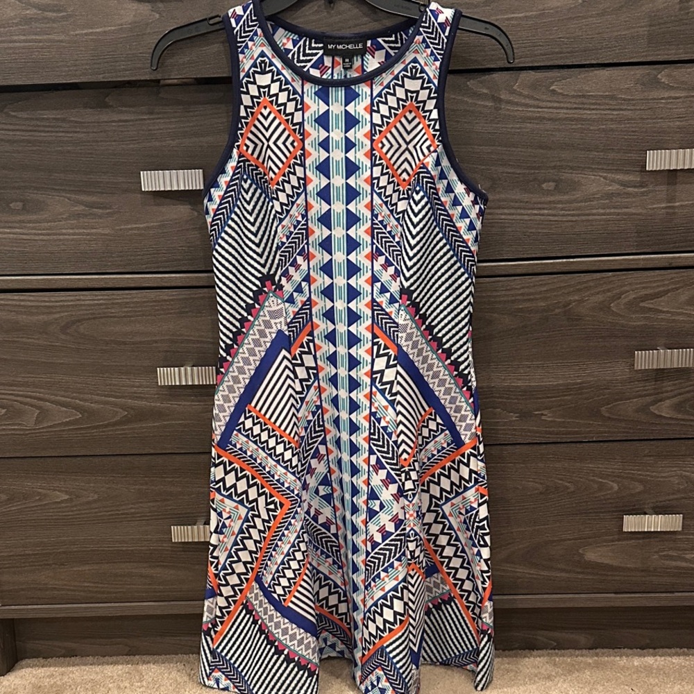 My Michelle Vibrant Geometric Midi Dress - Blue, Orange, White